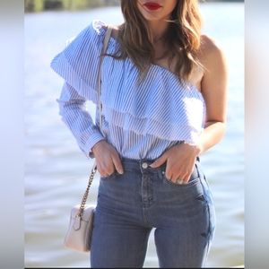 🐰Velvet Heart Pinstripe One Shoulder Ruffle Blouse